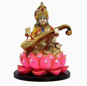 Saraswati on Lotus | Saraswati Goddess Murti Idol Statue Sculpture Figurine - Resin - Multi - 10.5" Inches