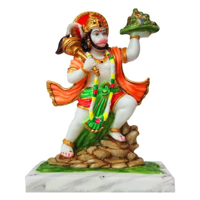 Marble Dust Polyresin Pahad Sanjeevani Parbat Hanuman Ji Statue Bala ji Murti for Pooja Home Temple Idol, White