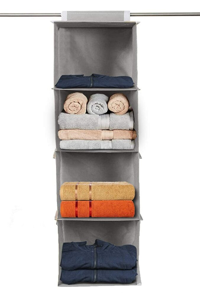 Industries 4 shelf Closet Organizer for Wardrobe|Non-woven Collapsible Wardrobe|Hanging Shelf for clothes|4 shelves Cloth Organizer|Pack of 2 (Grey)