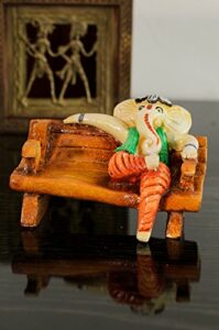Lord Ganesha in McDonald Style Visiting Card Holder Polyresin and Wood Statue (10 cm x 5 cm x 7.5 cm, Green and Brown)