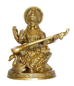 Maa Saraswati Brass Idol Sitting on Hans | Brass Devi Saraswati Siddhi Idol for Puja Sucess and Home Decor 5 Inch