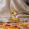 Pure Gold Coated White Saraswati Idol - Maa Saraswati Statue, Genuine 3 inch Saraswati Murti Small on Lotus with Veena - Handcrafted by Skilled Indian Artisans
