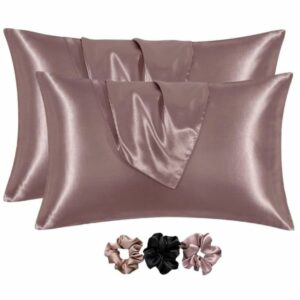 Go well Solid Satin Silk Pillow Covers Pack of 2 for Hair & Skin-with Satin Scrunchies for Women Stylish|scrunchies for Women 3-Piece|Silk Pillow case(Rose taupe)600TC