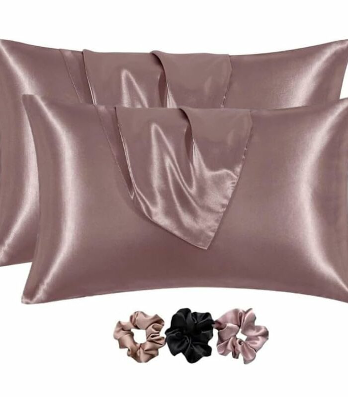 Go well Solid Satin Silk Pillow Covers Pack of 2 for Hair & Skin-with Satin Scrunchies for Women Stylish|scrunchies for Women 3-Piece|Silk Pillow case(Rose taupe)600TC