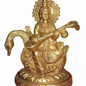 Dharmik Pooja StoreAstadhatu Made Maa Saraswati Idol Sitting on Hans/Saraswati MATA Brass Idol/Devi Saraswati Siddhi Idol for Puja (6 cm)