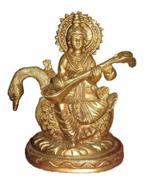 Dharmik Pooja StoreAstadhatu Made Maa Saraswati Idol Sitting on Hans/Saraswati MATA Brass Idol/Devi Saraswati Siddhi Idol for Puja (6 cm)