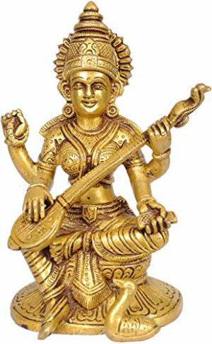 India Brass Goddess Saraswati Idol (6.5 Inch, Gold)