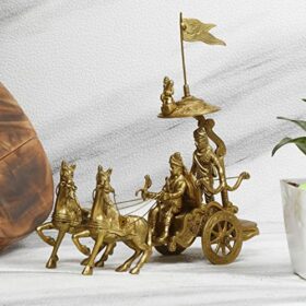 Mahabharat/Geeta Arjun Chariot (Rath) with Krishna & Hanuman: Sculpted in Solid Brass Metal | Lord Krishna Arjun Rath Idol Showpieces