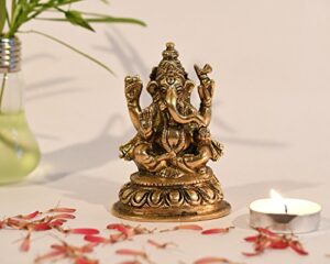 Brass Lord Ganesh Idol, 4'' X 2.4'' X 2.2'', Golden (Model Number: GBS189)