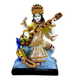 Saraswati on Lotus | Saraswati Goddess Murti Idol Statue Sculpture Figurine - Resin - Multi - 6" Inches
