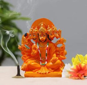 Orange Panchmukhi Hanuman Statue Marble Resin for Pooja Gift Showpiece Vastu , Home Decor Murti 6 Inch Idol