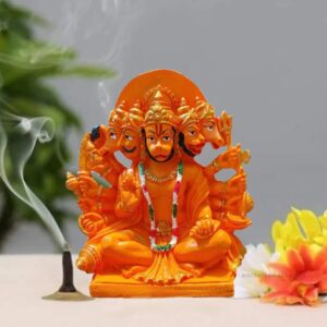 Orange Panchmukhi Hanuman Statue Marble Resin for Pooja Gift Showpiece Vastu , Home Decor Murti 6 Inch Idol