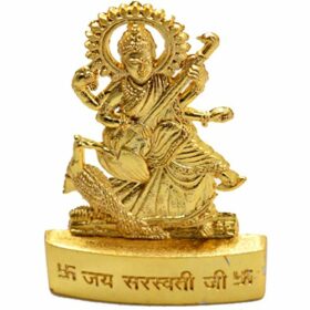 Jay Saraswati Maa Goddess Idol for Car Dashboard | Home, Office Decor | Gifting Decorative Showpiece | Temple Gift (Golden Plated)