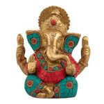 Brass Ganesh Idol Statue for Home Entrance Decor, Diwali Gift, Multicolored Stone, Height 4.5 Inch