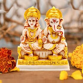 Laxmi Ganesh Idol for Home Decor Mandir Table Desktop Decoration/Sitting Lakshmi Ganesha Murti - 12 cm (Marble, Multicolor)