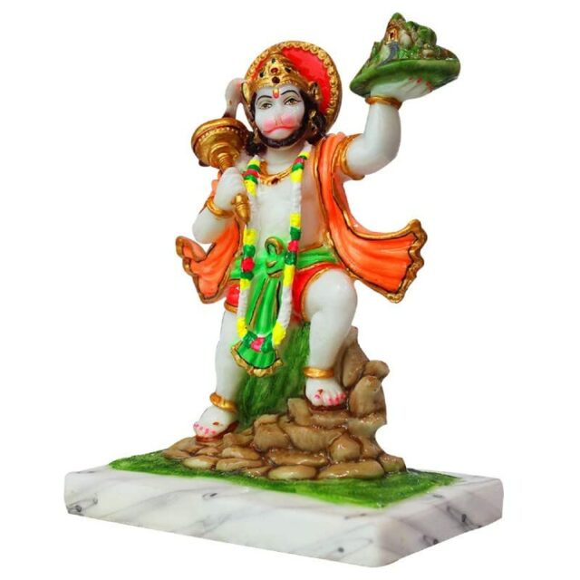 Marble Dust Polyresin Pahad Sanjeevani Parbat Hanuman Ji Statue Bala ji Murti for Pooja Home Temple Idol, White