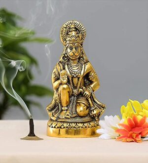 Hanuman ji Statue Sitting in Metal Hanuman ji Idol Bajrangbali Murti Sitting Pawan Putra Gift Article Decorative Showpiece for Pooja, Temple, Mandir, Home, Gifting- 1Pc, Gold