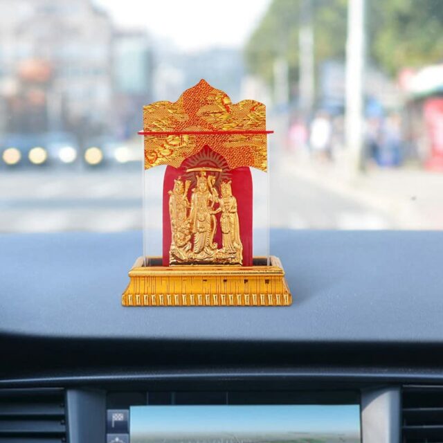 Golden Ram Darbar Statues/Hindu God Idol Acrylic Frame Showpiece | Car Dashboard | Office Table (10 x 8 Centimeters)