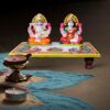Laxmi Ganesh Idol with Marble Chowki, Multicolor Peacock Pattern, 6x4 Inch, for Diwali, Puja, Home, Birthday Gift