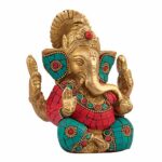 Brass Ganesh Idol Statue for Home Entrance Decor, Diwali Gift, Multicolored Stone, Height 4.5 Inch