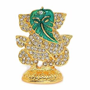 Ganesh Idol Ganesha on Leaf Patta Murti Ganpati Vinayaka Statue (B-16) Green Gold Metal Statue for Home D?cor Car Dashboard Mandir Pooja Murti Temple Puja Office Table Showpiece