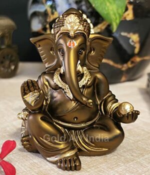 Gaddi Ganesha Idol (3.5") - French Brown Color with Gold Plating Work - Perfect for Car Dashboards, Offices, and Homes