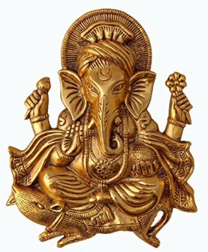 Metal Ganesh Idol Statue Wall Hanging (Golden, 11 Inches Height)