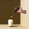 Handheld Milk Frother | Battery-Operated Stainless Steel Mixer with Stand | Perfect for Milk, Coffee, Lattes, Cappuccinos, Frappes, Matcha & Hot Chocolate | Versatile Egg Beater | Black