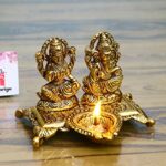 Lakshmi Ganesha Diya Statue Idol in Metal Decorative Showpiece - 15 cm