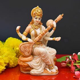 Handicraft Marble Dust Saraswati Idol for Home Puja I Veena I Sarasvati Statue Big Size I Living Room I Guest Room I Office Table I Gifts I Home Decor I Pooja Room I Lucky Charm, Multicolor