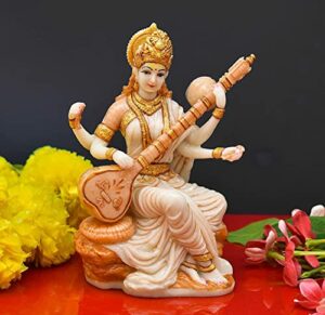 Handicraft Marble Dust Saraswati Idol for Home Puja I Veena I Sarasvati Statue Big Size I Living Room I Guest Room I Office Table I Gifts I Home Decor I Pooja Room I Lucky Charm, Multicolor