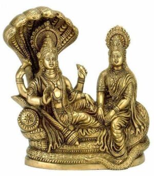 Brass Idol | Statue of Lord Vishnu Laxmi On Sheshnag | for Home & Office | Gold | Antique | H x L x B - 4 x 3.5 x 2 inches |