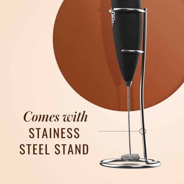 Powerful Milk Frother for Coffee | Black Color | Battery Operated Electric Frother | Stainless Steel Whisk with Frother Stand | Best for Coffee, Lattes, Milk, Hot Chocolates