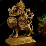 Brass Durga Idol Sitting on Lion - Religious Goddess Home Decor for Living Room