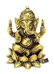 Brass Ganesha on Lotus Showpiece, Ganesha Murti, Ganesha Idol for Home, Ganesha Statue for Home Temple, Standard, Pack of 1