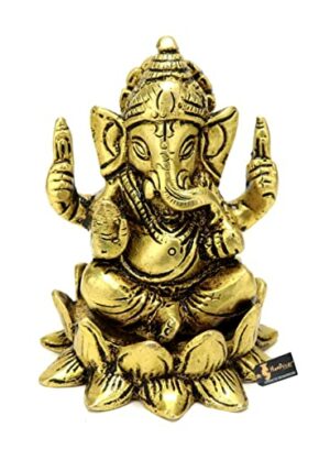 Brass Ganesha on Lotus Showpiece, Ganesha Murti, Ganesha Idol for Home, Ganesha Statue for Home Temple, Standard, Pack of 1