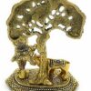 Metal Krishna with Cow Standing Under Tree Plying Flute Decorative Showpiece (Metal, Gold)