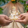 Pure Gold and Silver Coated White Saraswati Idol - Maa Saraswati Statue, Genuine 3 inch Saraswati Murti Small on Lotus with Veena - Handcrafted by Skilled Indian Artisans (Small)
