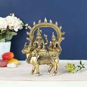 Brass Shiva Idol God Shiva Parvati Idol Sitting On Nandi Statue Diwali Decor Gifts(Size 7.5 x 5 Inches).