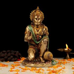7" Hanuman Statue Sitting Metal Finish Idol Decorative Showpiece Handcrafted Hanuman Ji Murti For Home Office And Gifting Purpose Sculpture, Golden, Pack of 1