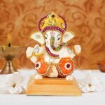 White Stone Ganesha Idol with Rosewood Base for Car Dashboard Decor