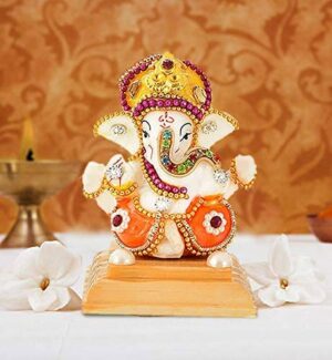 White Stone (Resin) God Ganesha with Rosewooden Base Car Dashboard Decor Statue | Hindu Idol God Ganesh Ganpati Decor Sculpture | Decorative Gift (Multicolor)