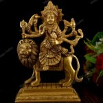 Brass Durga Idol Sitting on Lion - Religious Goddess Home Decor for Living Room