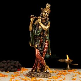 Resin Lord Krishna Idol Decorative Showpiece Statue (10 Inches, Metal Finish), Metallic