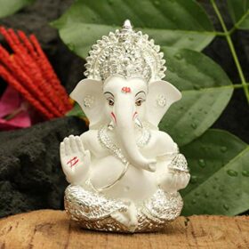 Ganesha Idol Silver Plated Ganesh for Car Dashboard Statue Ganpati Figurine Luck & Success Diwali Gifts Home Decor (Size: 3.5 x 2 inches)