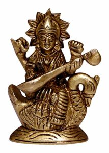 Elite Brass Statue/Idol of Goddess Saraswati, Product Dimensions (LxBxH - 2.5 x 1.25 x 3.25) Inches; Weight - 275 GMS, Weight - 300 GMS