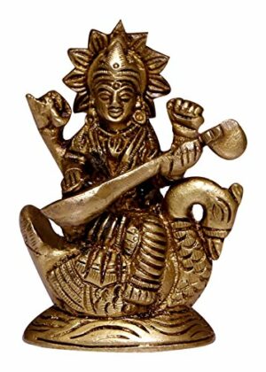 Elite Brass Statue/Idol of Goddess Saraswati, Product Dimensions (LxBxH - 2.5 x 1.25 x 3.25) Inches; Weight - 275 GMS, Weight - 300 GMS