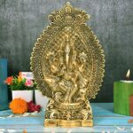 Metal Ganesh Idol Statue Sitting on Mouse, Height 27 cm, Gold Antique, 1 Piece