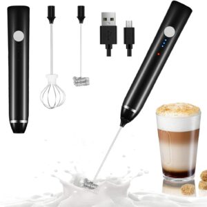 Handheld Milk Frother, USB Rechargeable 3 Speed Modes Mini Electric Milk Foam Maker with 2 Different Whisking Head Mixer for Coffee, Latte, Cappuccino, Hot Chocolate & Egg Whisks