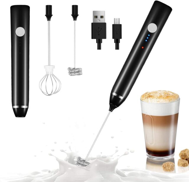 Handheld Milk Frother, USB Rechargeable 3 Speed Modes Mini Electric Milk Foam Maker with 2 Different Whisking Head Mixer for Coffee, Latte, Cappuccino, Hot Chocolate & Egg Whisks